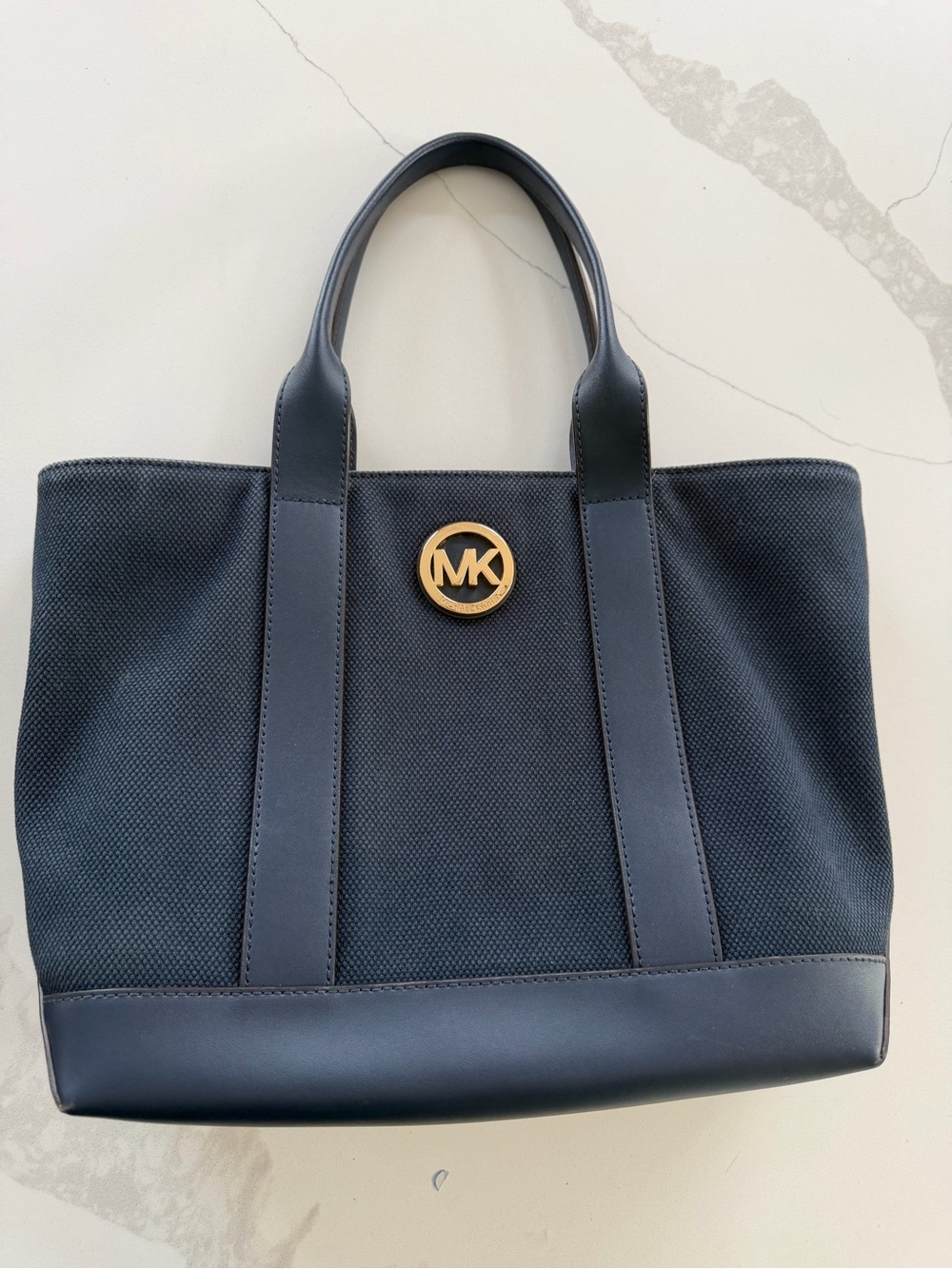 Michael Kors Navy Blue Canvas Leather Trim Double Handle Tote Shoulder Bag